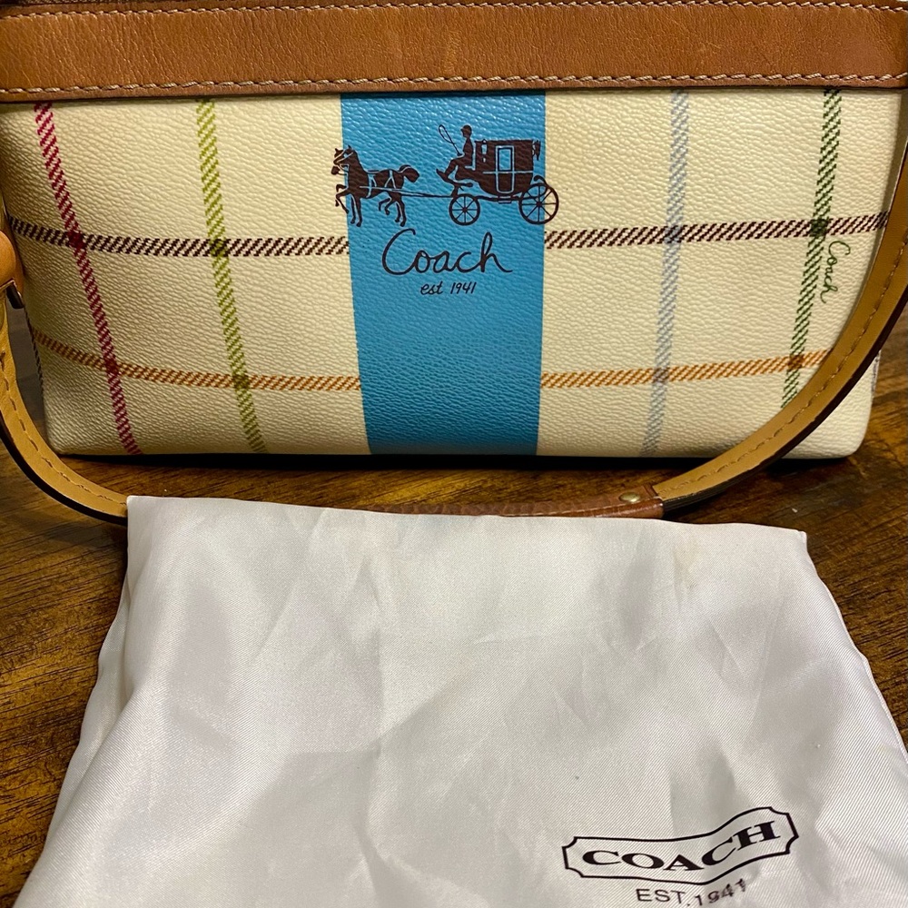 RARE Like New Coach Heritage BLUE Stripe Tattersall Demi Bag + Dust Cover.